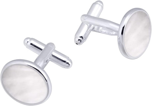 Silver Mother of Pearl Cufflinks in Gift Box Round Cuff Links for Business Wedding Anniversary Dress...