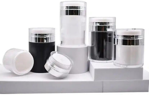3-Pcs Modern Airless travel size cosmetic container- The finest Refillable Bottle for Creams, Gels, & Lotions- 0.5oz /1oz /1.7oz (black with silve...