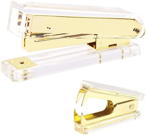 Clear Acrylic Body Bright Yellow Gold Tone Office Stapler N Staples Remover Set Desktop Executive Stapling Tool...