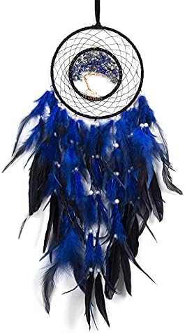 Dreamlike Deep Blue Tree of Life Dream Catcher Wall Decor with Healing Crystal Stone Handmade Feather Dream Catchers Decoration Wall Hanging for G...