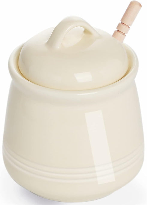 HAOTOP Ceramic Honey pot with Lid and Honey Dipper,Porcelain Honey Jar Easy to Clean and Dishwasher Safe,12oz (Beige)...
