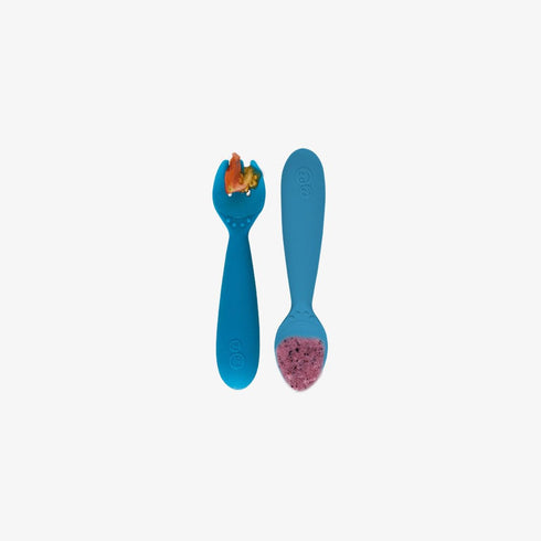 ezpz Mini Utensils - 12 Months+ (Fork & Spoon in Blue) - 100% BPA Free Fork and Spoon - Toddler Utensils - Designed by a Pediatric Feeding Special...