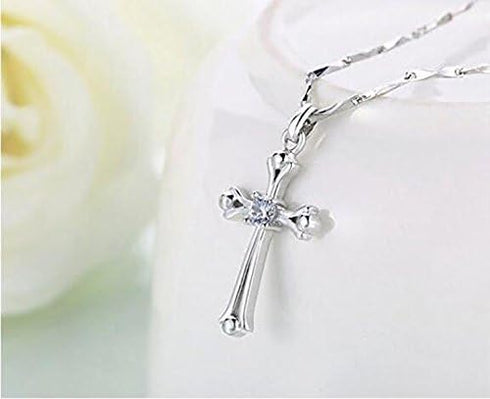 Fashion Jewelry 925 Sterling Silver Inlaid Crystal Cubic Zirconia Cross Pendant Necklace...
