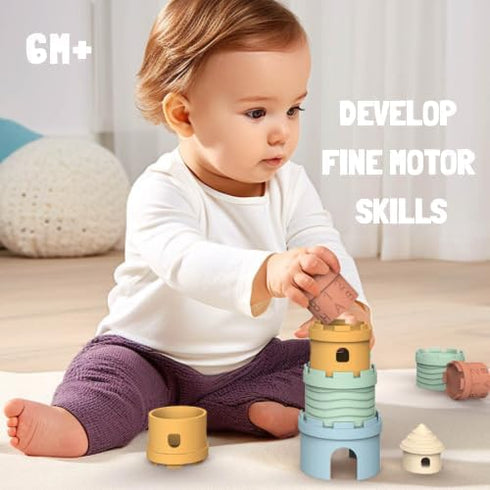 Silicone Stacking Castle Toy, Soft Teether Toy, Montessori Educational Toy for Babies and Toddlers, 6+ Months, BPA Free, 5 Piece Set...