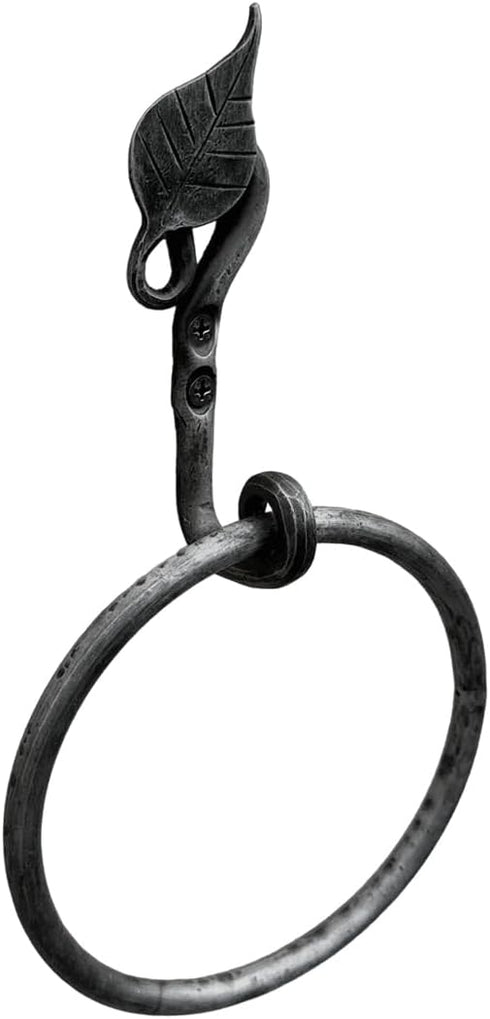 Hand Forged Metal Leaf Towel Ring Wrought Iron Handmade Wall Mounted Hand Towel Holder Modern Farmhouse Kitchen Towel Ring Black Antique Finish He...