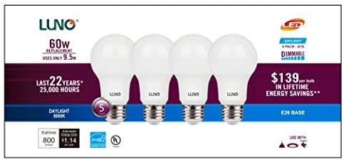 LUNO A19 Dimmable LED Bulb, 9.5W (60W Equivalent), 800 Lumens, 5000K (Daylight), Medium Base (E26),UL & Energy Star (4-Pack)...