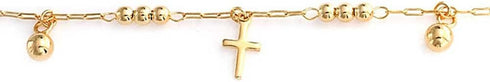 Christian Religious Spiritual Beads Bells Dangle Charm Multi Cross Anklet Ankle Bracelet For Women Teens 18K Gold Plated Brass 7.5, 10 Inch...