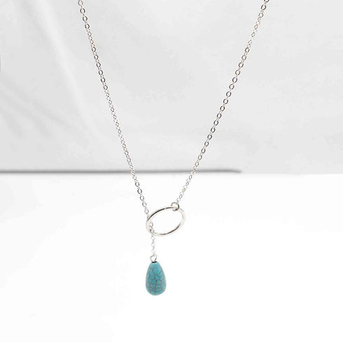 Boho Turquoise Y Necklace Silver Circle Teardrop Necklace Choker Blue Gemstone Lariat Necklace Vintage Gem Drop Necklace Jewelry for Women and Gir...