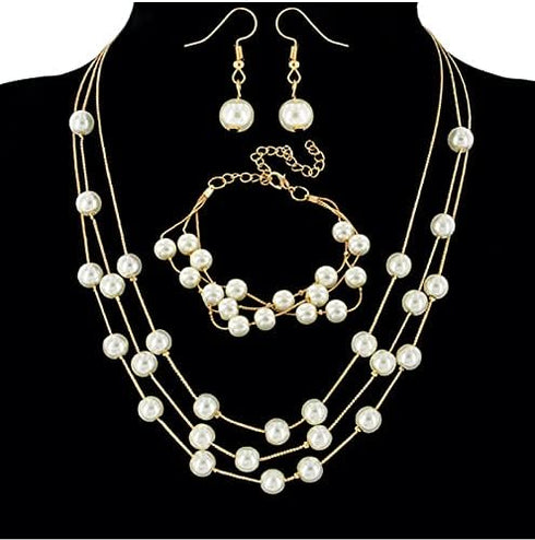 COLORFUL BLING Faux Pearl Choker Layered Gold Necklace Earring Bracelet Jewelry Set for Women Girls Mother Bride Bridesnaids Wedding...