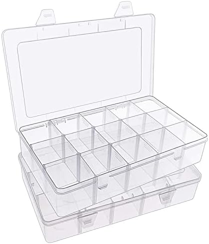2 Pack Plastic Small Crafts Storage Boxes with Adjustable Dividers (15 Grid)...