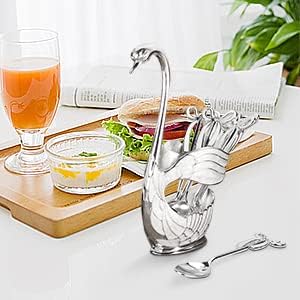 Coffee Spoon Stand, Decorative Swan Base Holder Metal Coffee Dessert Dinner Set Teaspoon Fruit Dessert Flatware Swan Base Holder (silvery white)...