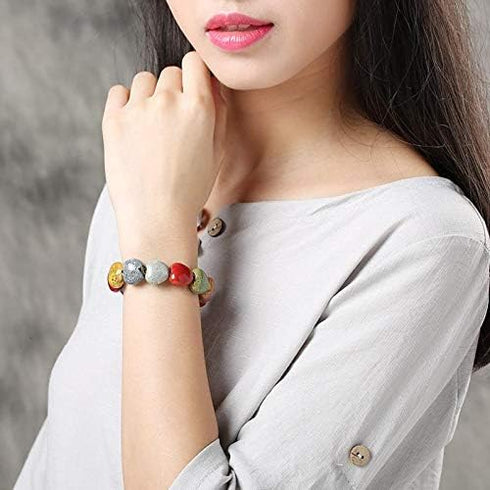Love Heart Ceramic Bracelet, Flower-Glazed Beaded Bracelet,Elastic Handmade Simple Ethnic Style Hand Chain for Women Girl,1PCS - Colorful...