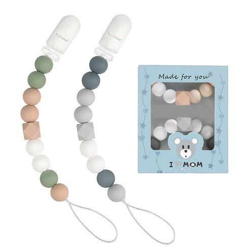 Pacifier Clips for Baby Boys Girls Silicone Beads Pack of 2 Soft Flexible Binky Clips (Grey+Green)...
