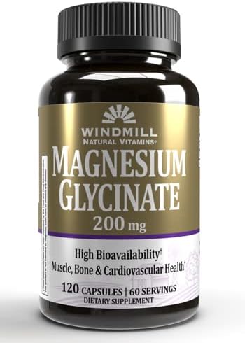 Windmill Natural Vitamins Magnesium Glycinate 200 mg, Supports Muscle, Joint, and Heart Health, Energy and Bone Support, Veggie Capsules, Gluten F...