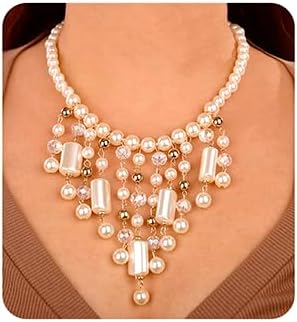 2PCS Women Statement Faux Pearl Necklaces Chunky Collar Bib Choker Necklace and Earrings Multi Strand Pearl Necklace 1920s Costume Jewelry for Wom...