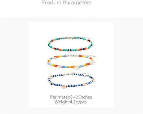 3 PCS Bead Flower Chain Anklet Bracelet Set for Women Resin Cute Daisy Ball Bead Seeds Fashion Colorful Handmade Adjustable Layered Chains Nickel ...