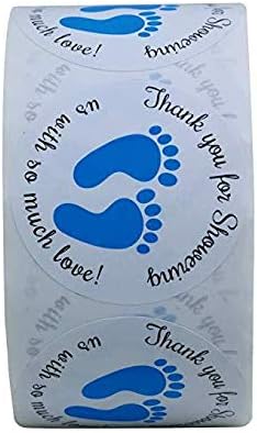 Gender Neutral Baby Shower Stickers?Thank You for Showering Us with So Much Love Round Labels Blue Baby Footprint Stickers,...