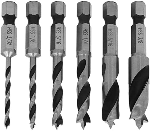6 Pcs Brad Point Drill Bits(3/8", 5/16", 1/4", 3/16", 1/8", 3/32"), 1/4 Inch Hex Shank HSS Spiral Twist Wood Drill Bit Set for Soft, Hard, Veneere...