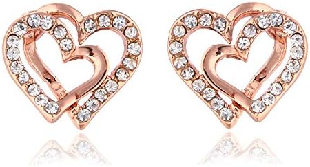 14K Rose Gold Silver Double Heart Shaped Necklace Shiny Crystal Stud Earrings Wedding Jewelry Set Best Gifts...