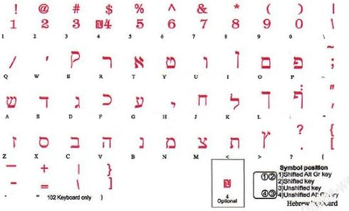 Hebrew Keyboard Stickers Transparent Background RED Letters for PC Computer Laptop Keyboards...