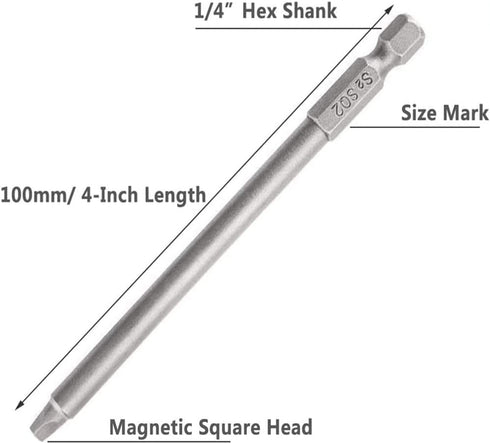 6Pcs 1/4 Inch Shank Long Magnetic Square Head Screwdriver Bits Set Power Tools SQ1 SQ2 SQ3 (100mm)...