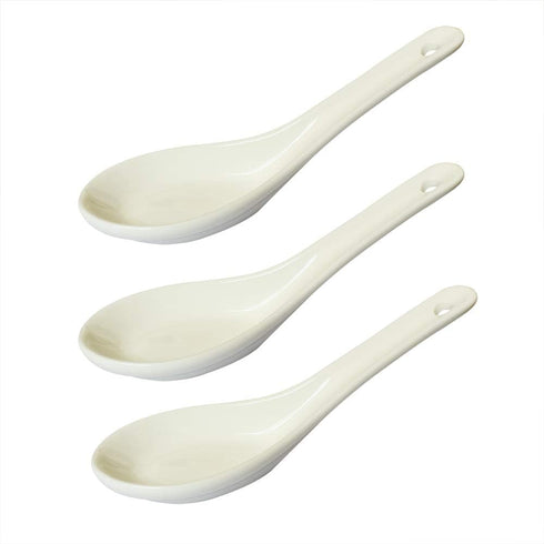 3 pcs Asia Porcelain Soup Spoon Ceramic Rice Spoons Chinese Won Ton Spoons for Home, Kitchen, or Restaurant, White...