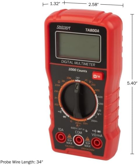 Multimeter Voltage Tester - Digital Volt Meter with Backlit Display and Needle Probes for AC/DC Voltage, DC Current, and Wire Continuity by Stalwa...