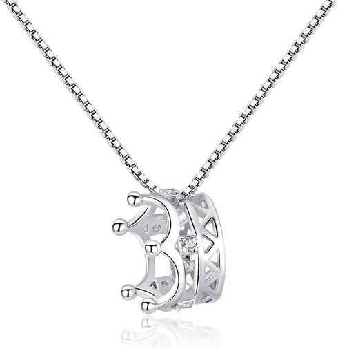 Simulated Diamond Princess Crown Necklace for Women, 925 Sterling Silver CZ Stone Crown Necklace...