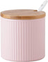 Ceramic Embossed Stripe Sugar Bowl Spice Jar Storage Seasoning Pot with Lid Spoon...