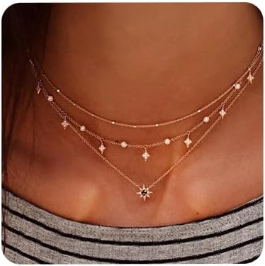 Bohemia Layered Choker Necklace Star Necklace Crystal Choker Diamond Star Charm Pendant Necklace Multi-layered Station Chain for Women...
