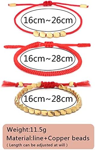 Pingyongchang 3 PCS Handmade Rope Red String Hand-Knitted Bracelets Tibetan Buddhist Woven Lucky Adjustable Cotton Copper Beads Bracelets for Wome...