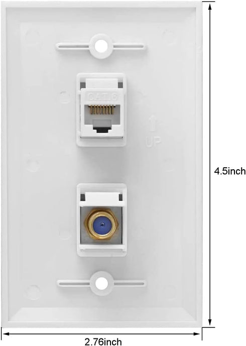 Ethernet Coax Wall Plate, 1 Port Cat 6 RJ45 Keystone and 1 Port TV Coax F Type Keystone Wall Plate...