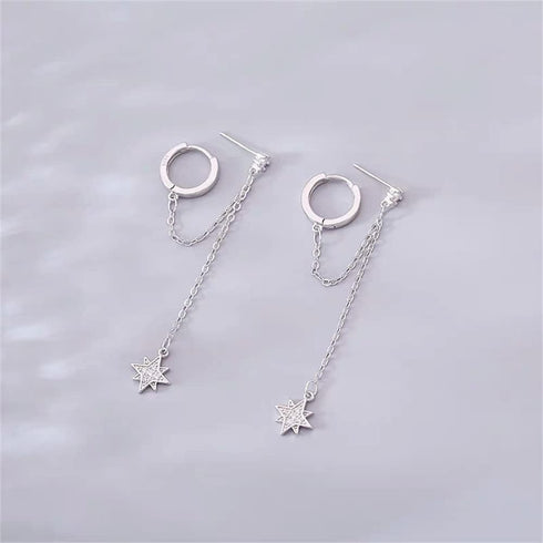 Star 925 Sterling Silver Double Piercing Earrings Huggie Cuff Chain for Women Teen Girls 2 Holes CZ Charm Dangle Drop Small Hoop Earrings Cartilag...