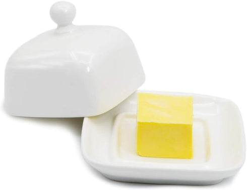 NAGU Mini Square Butter Dish with Lid, White Procelain Domed Cheese Dish with Handle Individual Serving Small Butter Tray, Cute Ceramic Dessert Se...