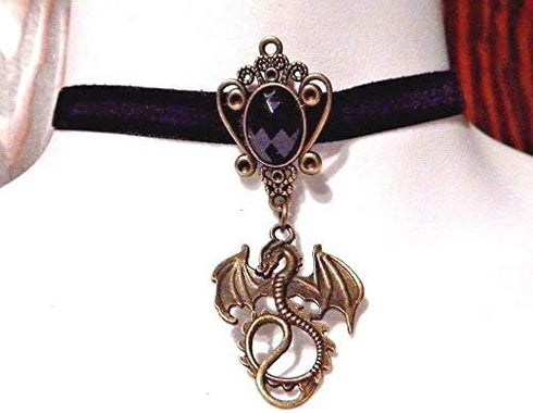 Bronze Dragon Pendant on Black Velvet Choker Necklace Gothic Steampunk Fantasy wyvern Collar...