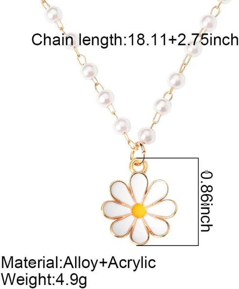 Daisy Flower Necklace White Pearl Necklaces for Women Girls Daisy Pendant Necklace Boho Sunflower Necklaces Pearl Chain Necklace for Women Flower ...