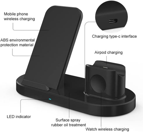 Wireless Charging Station, 3-1 Fast Charging Station, 15W Qi Wireless Station for iPhone, iWatch, AirPod, Samsung Phones, Earphones and Smart Watc...