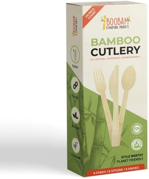 Bamboo Utensils - Natural Disposable Wooden Cutlery for Party, Eating, Camping, Picnic, Wedding, Birthday - Compostable Silverware - 8 Spoons, 8 F...