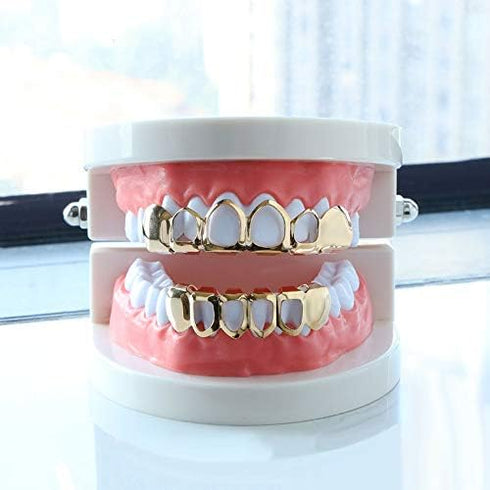 Open Face Grillz Teeth 24k Gold Grillz Plated Caps New Custom Fit Top & Bottom Grill Set for Kids + Extra Molding Bars + Microfiber Cloth...