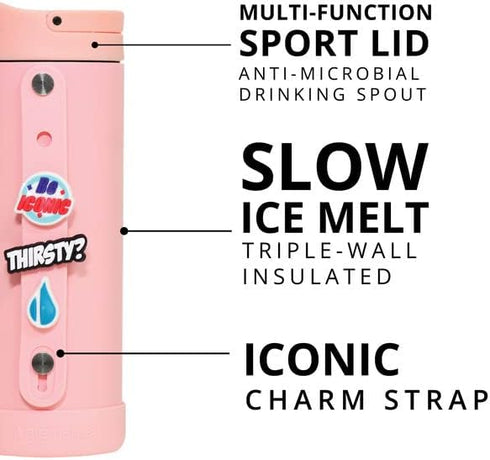 Elemental Iconic Kids Water Bottle with Straw Lid & Charms Strap, Leak-Proof When Closed, Triple Insulated Stainless Steel Reusable Thermos Water ...