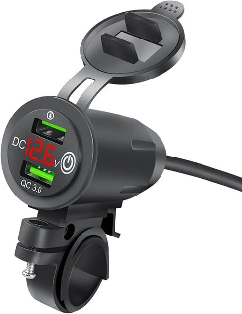 Motorcycle USB Socket,12V/24V Car Charger with Dual QC 3.0 USB Socket,Car Charger Socket with LED Voltmeter for Motorcycle,Motorhome,Car,Truck...
