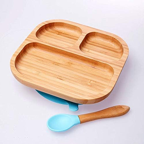 Baby Toddler Stay Put Dish, Kids Suction Plate, Bamboo Cute Dinnerware (Blue)...