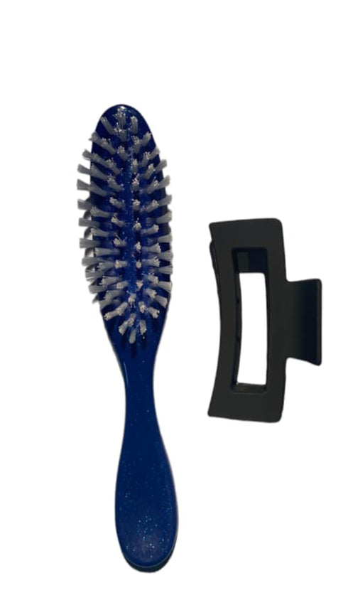 Navy Blue Haircare Duo: 8-inch Detangling Brush & 3.5-inch Matte Black Hairclip Set - Effortless Styling with Premium Nylon Bristles and Elegant C...