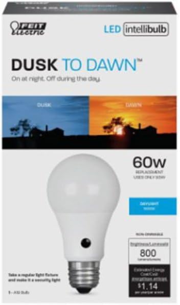 Feit Electric LED Dusk-to-Dawn Light Bulb, A19 60W Equivalent, 5CCT, Non-Dimmable, E26 Medium Base, 90 CRI, 800 Lumens, Standard Light Bulb with S...
