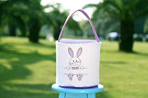 Easter Bunny Basket Egg Bags for Kids,Canvas Cotton Personalized Candy Egg Basket Rabbit Print Buckets with Fluffy Tail Gifts Bags for Easter……...