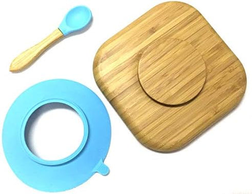 Baby Toddler Stay Put Dish, Kids Suction Plate, Bamboo Cute Dinnerware (Blue)...