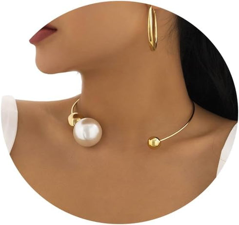 Metal Pearl Open Choker Necklace Adjustable Gold Pearl Choker Necklaces for Women Round Open Cuff Necklace Elegant Cuff Collar Necklace Statement ...