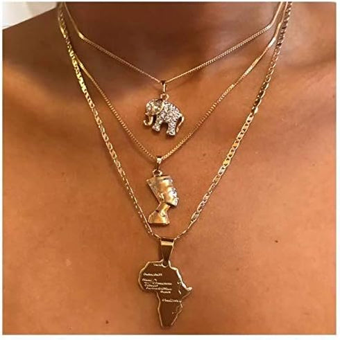 COLORFUL BLING 3 Layered Africa Map Choker Necklace Crystal Elephant Layered Pendant Necklace Chains Gold Gothic Egyptian Queen Beach Adjustable J...