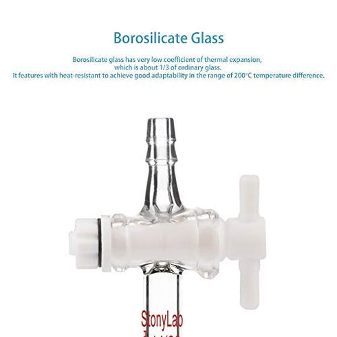 StonyLab Vacuum Flow Control Adapter with PTFE Stopcock, 14/20 Joint and Straight Hose Connection for Lab Supply...