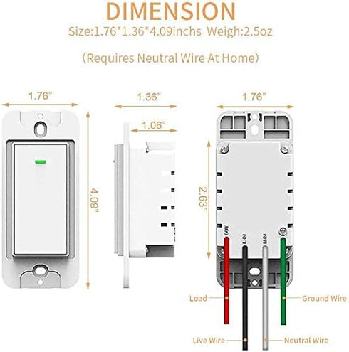 Smart Switch, WiFi Smart Light Switch Compatible with Amazon Alexa and Google Home, Neutral Wire Needed, with Remote Control, Timing Schedule, No ...